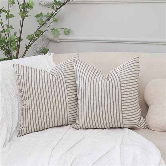 Grey & Beige Patchwork Farmhouse Throw Pillow Covers 18x18 Inch,Pack of 2Striped - Picture 8 of 8